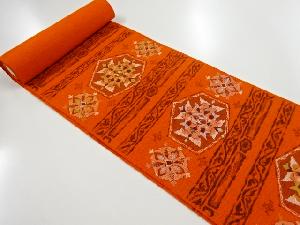 アンティーク　手織り真綿紬横段に花更紗模様織り出し名古屋帯地反物
